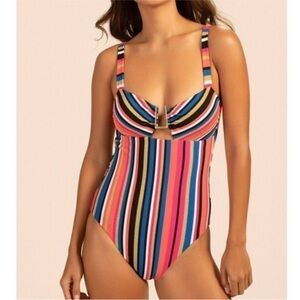 Trina Turk Striped Lux Pique One Piece Swimsuit Glitter Bandeau Cut Out